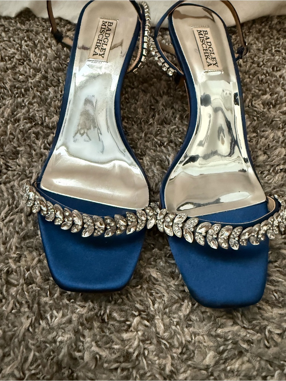 Badgley Mischka Royal Blue Satin Crystal Leaf-Trim Heels - Picture 4 of 5